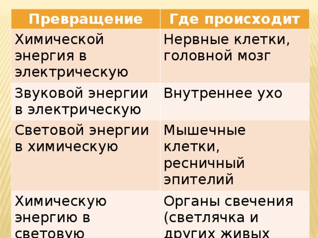 Превращение Где происходит Химической энергия в электрическую Нервные клетки, головной мозг Звуковой энергии в электрическую Внутреннее ухо Световой энергии в химическую Мышечные клетки, ресничный эпителий Химическую энергию в световую Органы свечения (светлячка и других живых существ) 