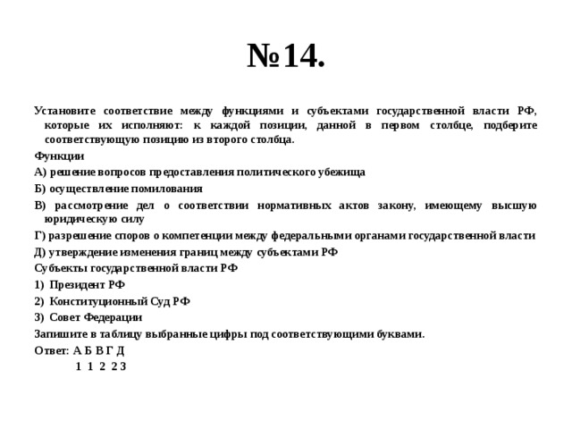 № 14. Установите соответствие между функциями и субъектами государственной власти РФ, которые их исполняют: к каждой позиции, данной в первом столбце, подберите соответствующую позицию из второго столбца. Функции А) решение вопросов предоставления политического убежища Б) осуществление помилования В) рассмотрение дел о соответствии нормативных актов закону, имеющему высшую юридическую силу Г) разрешение споров о компетенции между федеральными органами государственной власти Д) утверждение изменения границ между субъектами РФ Субъекты государственной власти РФ Президент РФ Конституционный Суд РФ Совет Федерации Запишите в таблицу выбранные цифры под соответствующими буквами. Ответ: А Б В Г Д  1 1 2 2 3 