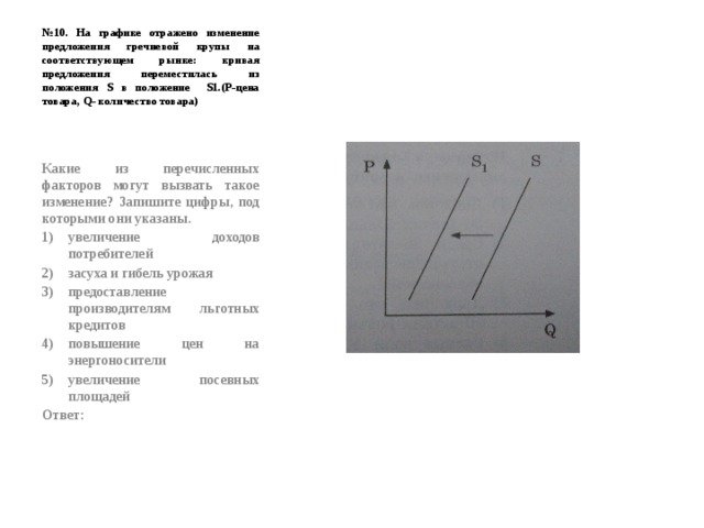 № 10. На графике отражено изменение предложения гречневой крупы на соответствующем рынке: кривая предложения переместилась из положения S в положение S1.(Р-цена товара, Q- количество товара) Какие из перечисленных факторов могут вызвать такое изменение? Запишите цифры, под которыми они указаны. увеличение доходов потребителей засуха и гибель урожая предоставление производителям льготных кредитов повышение цен на энергоносители увеличение посевных площадей Ответ: 