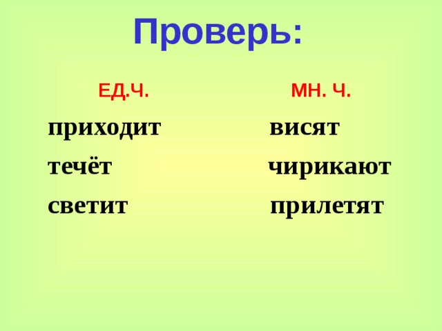 Проверь:    ЕД.Ч. МН. Ч.  приходит висят  течёт чирикают  светит прилетят   