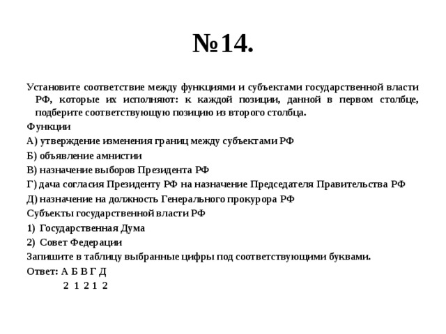 № 14. Установите соответствие между функциями и субъектами государственной власти РФ, которые их исполняют: к каждой позиции, данной в первом столбце, подберите соответствующую позицию из второго столбца. Функции А) утверждение изменения границ между субъектами РФ Б) объявление амнистии В) назначение выборов Президента РФ Г) дача согласия Президенту РФ на назначение Председателя Правительства РФ Д) назначение на должность Генерального прокурора РФ Субъекты государственной власти РФ Государственная Дума Совет Федерации Запишите в таблицу выбранные цифры под соответствующими буквами. Ответ: А Б В Г Д  2 1 2 1 2 