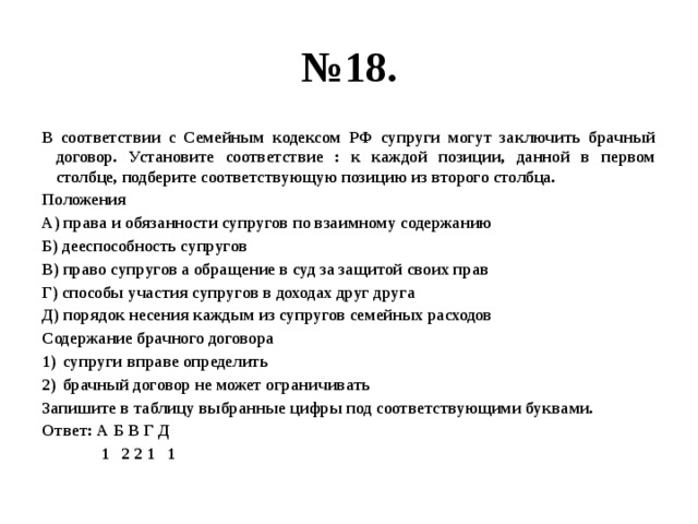 № 18. В соответствии с Семейным кодексом РФ супруги могут заключить брачный договор. Установите соответствие : к каждой позиции, данной в первом столбце, подберите соответствующую позицию из второго столбца. Положения А) права и обязанности супругов по взаимному содержанию Б) дееспособность супругов В) право супругов а обращение в суд за защитой своих прав Г) способы участия супругов в доходах друг друга Д) порядок несения каждым из супругов семейных расходов Содержание брачного договора супруги вправе определить брачный договор не может ограничивать Запишите в таблицу выбранные цифры под соответствующими буквами. Ответ: А Б В Г Д  1 2 2 1 1 