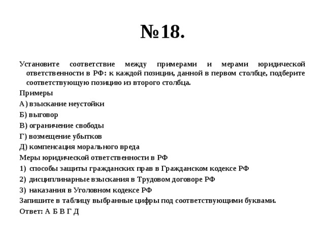 № 18. Установите соответствие между примерами и мерами юридической ответственности в РФ: к каждой позиции, данной в первом столбце, подберите соответствующую позицию из второго столбца. Примеры А) взыскание неустойки Б) выговор В) ограничение свободы Г) возмещение убытков Д) компенсация морального вреда Меры юридической ответственности в РФ способы защиты гражданских прав в Гражданском кодексе РФ дисциплинарные взыскания в Трудовом договоре РФ наказания в Уголовном кодексе РФ Запишите в таблицу выбранные цифры под соответствующими буквами. Ответ: А Б В Г Д 