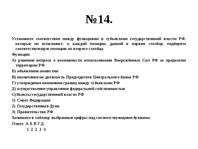 № 14. Установите соответствие между функциями и субъектами государственной власти РФ, которые их исполняют: к каждой позиции, данной в первом столбце, подберите соответствующую позицию из второго столбца. Функции А) решение вопроса о возможности использования Вооружённых Сил РФ за пределами территории РФ Б) объявление амнистии В) назначение на должность Председателя Центрального банка РФ Г) утверждение изменения границ между субъектами РФ Д) осуществление управления федеральной собственностью Субъекты государственной власти РФ Совет Федерации Государственная Дума Правительство РФ Запишите в таблицу выбранные цифры под соответствующими буквами. Ответ: А Б В Г Д  1 2 2 1 3 