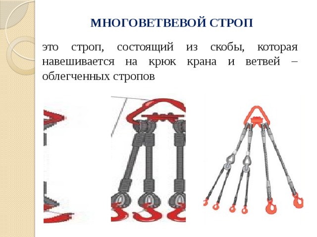 МНОГОВЕТВЕВОЙ СТРОП это строп, состоящий из скобы, которая навешивается на крюк крана и ветвей – облегченных стропов 