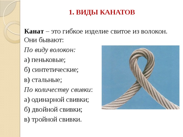    1. ВИДЫ КАНАТОВ     Канат – это гибкое изделие свитое из волокон. Они бывают: По виду волокон:  а) пеньковые; б) синтетические; в) стальные; По количеству свивки : а) одинарной свивки; б) двойной свивки; в) тройной свивки. 