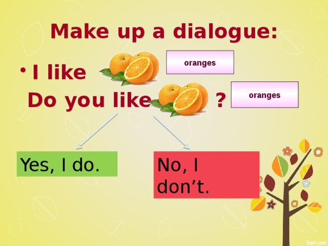 Make up a dialogue: oranges I like .  Do you like ?  oranges Yes, I do. No, I don’t. 