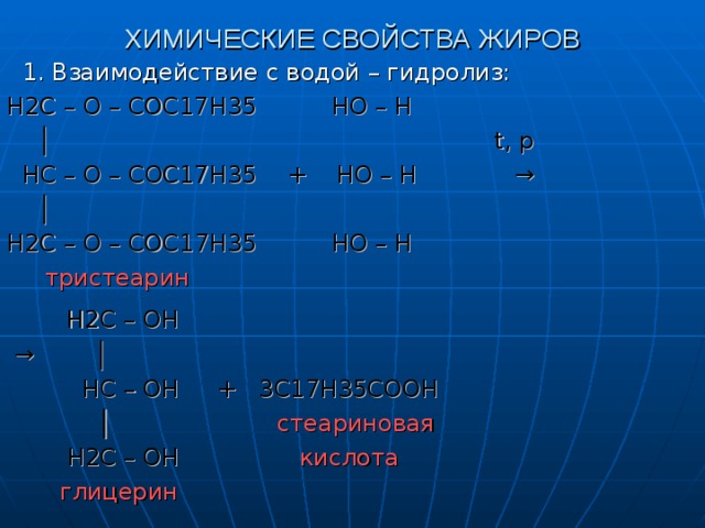 ХИМИЧЕСКИЕ СВОЙСТВА ЖИРОВ  1. Взаимодействие с водой – гидролиз: H2C – O – COC17H35 HO – H  │ t, p  HC – O – COC17H35 + HO – H  → │ H2C – O – COC1 7 H35 HO – H  тристеарин   H2C – OH → │   HC – OH + 3C17H35COOH  │  стеариновая    H2C – OH  кислота   глицерин 