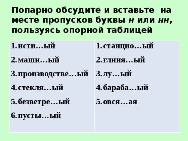 Попарно обсудите и вставьте на месте пропусков буквы н или нн , пользуясь опорной таблицей исти…ый маши…ый производстве…ый стекля…ый безветре…ый пусты…ый станцио…ый глиня…ый лу…ый бараба…ый овся…ая   