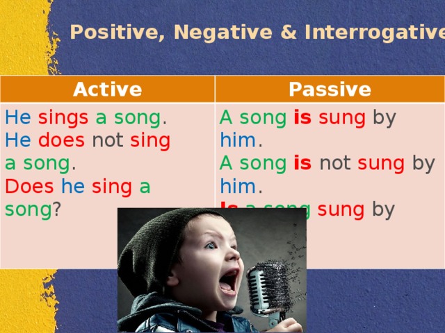 Positive, Negative & Interrogative Active Passive He  sings  a song .  He  does not sing a song . Does   he  sing  a song ? A song   is  sung by him .  A song   is  not sung by him .  Is   a song sung by him ? 