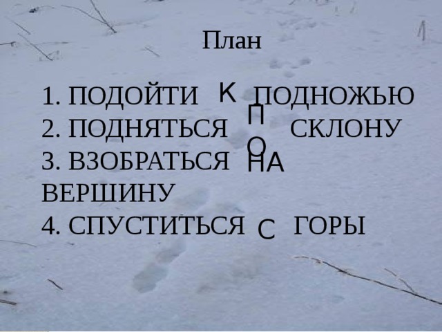 План 1. ПОДОЙТИ ПОДНОЖЬЮ 2. ПОДНЯТЬСЯ СКЛОНУ 3. ВЗОБРАТЬСЯ ВЕРШИНУ 4. СПУСТИТЬСЯ ГОРЫ К ПО НА С 