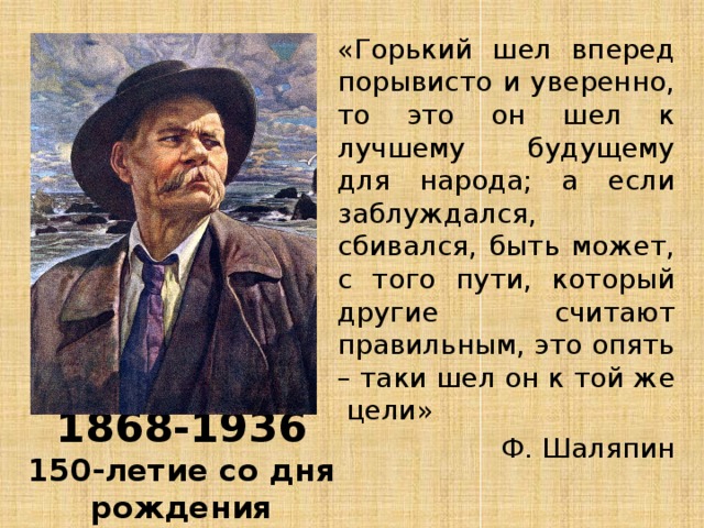 «Горький шел вперед порывисто и уверенно, то это он шел к лучшему будущему для народа; а если заблуждался, сбивался, быть может, с того пути, который другие считают правильным, это опять – таки шел он к той же цели» Ф. Шаляпин 1868-1936  150-летие со дня рождения 
