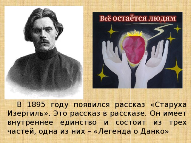  В 1895 году появился рассказ «Старуха Изергиль». Это рассказ в рассказе. Он имеет внутреннее единство и состоит из трех частей, одна из них – «Легенда о Данко» 