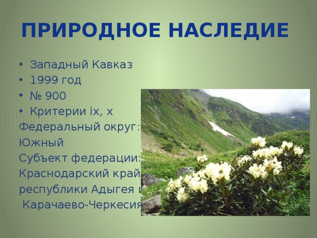 Природное наследие. Объект Всемирного природного наследия Западный Кавказ. Описание Западного Кавказа. Западный Кавказ сообщение. Западный Кавказ ЮНЕСКО презентация.