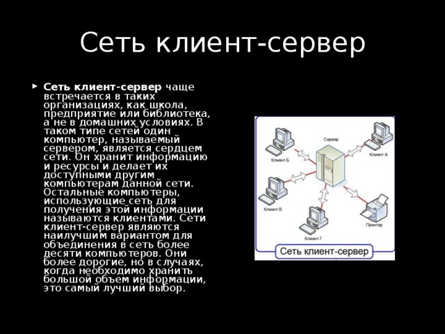 Сеть клиент-сервер Сеть клиент-сервер чаще встречается в таких организациях, как школа, предприятие или библиотека, а не в домашних условиях. В таком типе сетей один компьютер, называемый сервером, является сердцем сети. Он хранит информацию и ресурсы и делает их доступными другим компьютерам данной сети. Остальные компьютеры, использующие сеть для получения этой информации называются клиентами. Сети клиент-сервер являются наилучшим вариантом для объединения в сеть более десяти компьютеров. Они более дорогие, но в случаях, когда необходимо хранить большой объем информации, это самый лучший выбор. 