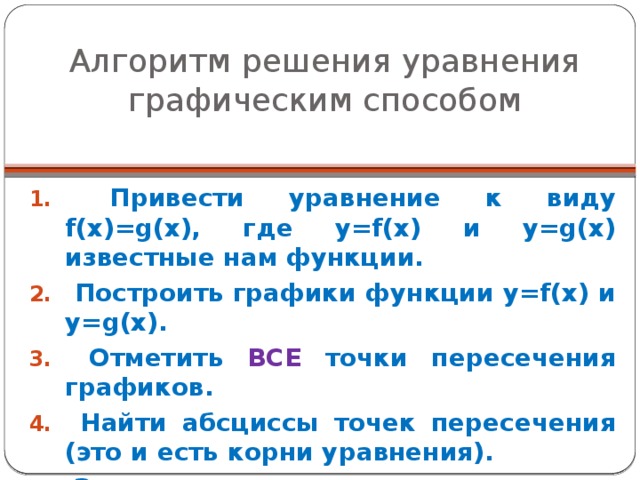 Алгоритм решения уравнения графическим способом  Привести уравнение к виду f(x)=g(x), где у=f(x) и у=g(x) известные нам функции.  Построить графики функции у=f(x) и у=g(x).  Отметить ВСЕ точки пересечения графиков.  Найти абсциссы точек пересечения (это и есть корни уравнения).  Записать ответ. 