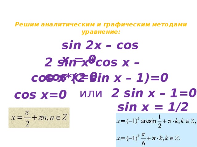 Решим аналитическим и графическим методами уравнение:   sin 2x – cos x = 0 2 sin x*cos x – cos x=0 cos x*(2 sin x – 1)=0 2 sin x – 1=0 или cos x=0 sin x = 1/2 