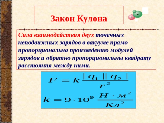 Закон Кулона Сила взаимодействия двух точечных неподвижных зарядов в вакууме прямо пропорциональна произведению модулей зарядов и обратно пропорциональны квадрату расстояния между ними.