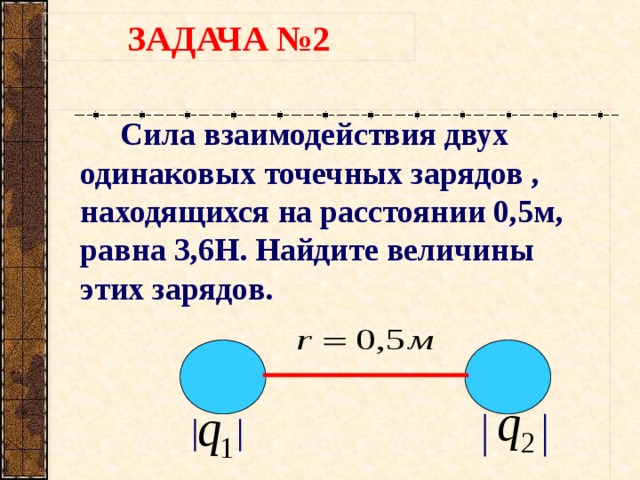 ЗАДАЧА №2  Сила взаимодействия двух одинаковых точечных зарядов , находящихся на расстоянии 0,5м, равна 3,6Н. Найдите величины этих зарядов.