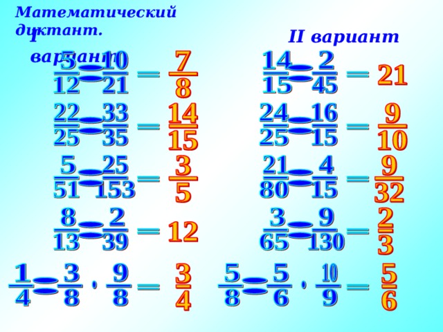 Математический диктант. I вариант II вариант 