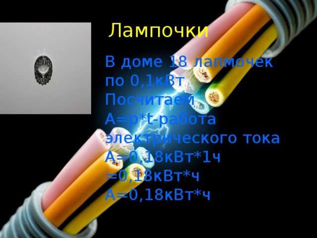 Лампочки В доме 18 лапмочек по 0,1кВт Посчитаем A=p*t-работа электрического тока A=0,18кВт*1ч =0,18кВт*ч А=0,18кВт*ч 