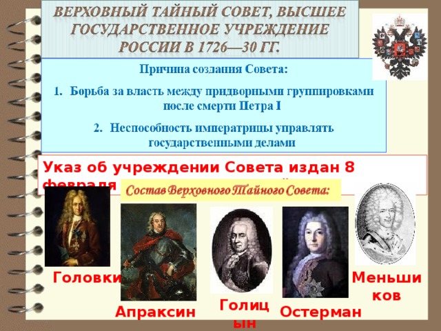Указ об учреждении Совета издан 8 февраля 1726 г. Екатериной I  Головкин Меньшиков Голицын  Апраксин Остерман  