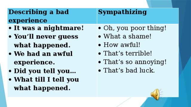 Describing a bad experience Sympathizing It was a nightmare! You’ll never guess what happened. We had an awful experience. Did you tell you… What till I tell you what happened. Oh, you poor thing! What a shame! How awful! That’s terrible! That’s so annoying! That’s bad luck. 