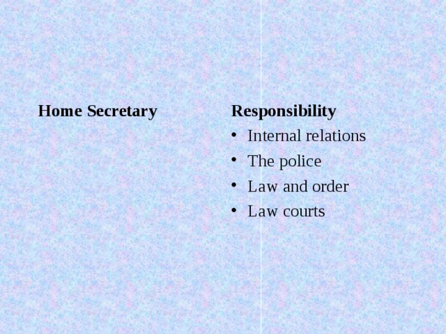 Home Secretary Responsibility Internal relations The police Law and order Law courts 