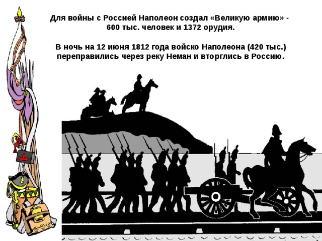 Для войны с Россией Наполеон создал «Великую армию» - 600 тыс. человек и 1372 орудия. В ночь на 12 июня 1812 года войско Наполеона (420 тыс.) переправились через реку Неман и вторглись в Россию. 
