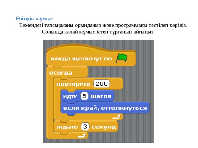 Өзіндік жұмыс Төмендегі тапсырманы орындаңыз және программаны тестілеп көріңіз. Соңында қалай жұмыс істеп тұрғанын айтыңыз. 