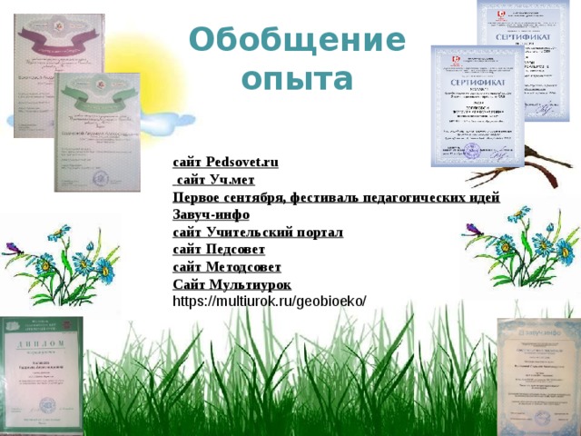  Обобщение опыта    сайт Pedsovet . ru  сайт Уч.мет Первое сентября, фестиваль педагогических идей Завуч-инфо сайт Учительский портал сайт Педсовет сайт Методсовет Сайт Мультиурок https://multiurok.ru/geobioeko/   