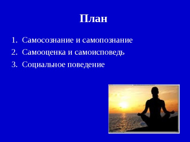 План Самосознание и самопознание Самооценка и самоисповедь Социальное поведение 