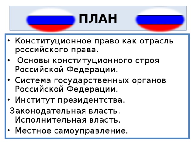 ПЛАН Конституционное право как отрасль российского права.  Основы конституционного строя Российской Федерации. Система государственных органов Российской Федерации. Институт президентства.  Законодательная власть. Исполнительная власть. Местное самоуправление. 