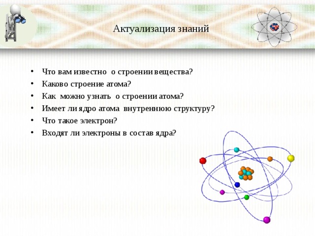 Актуализация знаний Что вам известно о строении вещества? Каково строение атома? Как можно узнать о строении атома? Имеет ли ядро атома внутреннюю структуру? Что такое электрон? Входят ли электроны в состав ядра? 