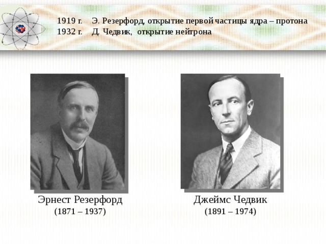 1919 г. Э. Резерфорд, открытие первой частицы ядра – протона 1932 г. Д. Чедвик, открытие нейтрона Эрнест Резерфорд Джеймс Чедвик (1871 – 1937) (1891 – 1974) 