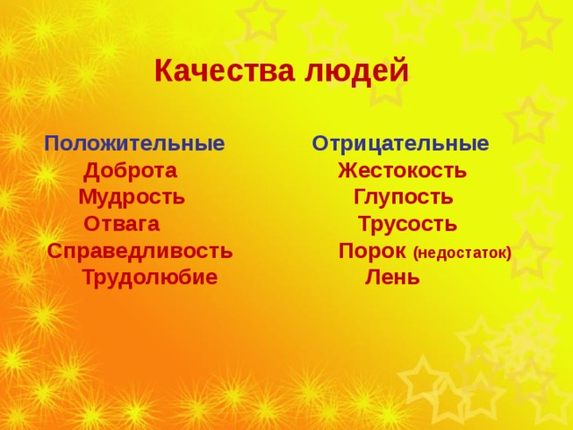 Качества людей   Положительные Отрицательные  Доброта Жестокость  Мудрость Глупость  Отвага Трусость  Справедливость Порок (недостаток)  Трудолюбие  Лень