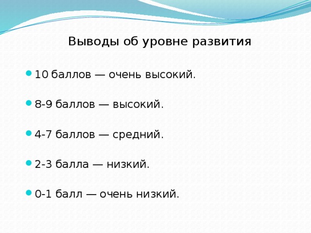 Выводы об уровне развития 10 баллов — очень высокий. 8-9 баллов — высокий. 4-7 баллов — средний. 2-3 балла — низкий. 0-1 балл — очень низкий. 