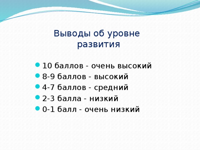 Выводы об уровне развития 10 баллов - очень высокий 8-9 баллов - высокий 4-7 баллов - средний 2-3 балла - низкий 0-1 балл - очень низкий 