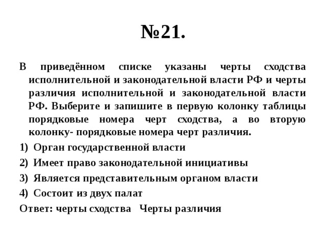 № 21. В приведённом списке указаны черты сходства исполнительной и законодательной власти РФ и черты различия исполнительной и законодательной власти РФ. Выберите и запишите в первую колонку таблицы порядковые номера черт сходства, а во вторую колонку- порядковые номера черт различия. Орган государственной власти Имеет право законодательной инициативы Является представительным органом власти Состоит из двух палат Ответ: черты сходства Черты различия 