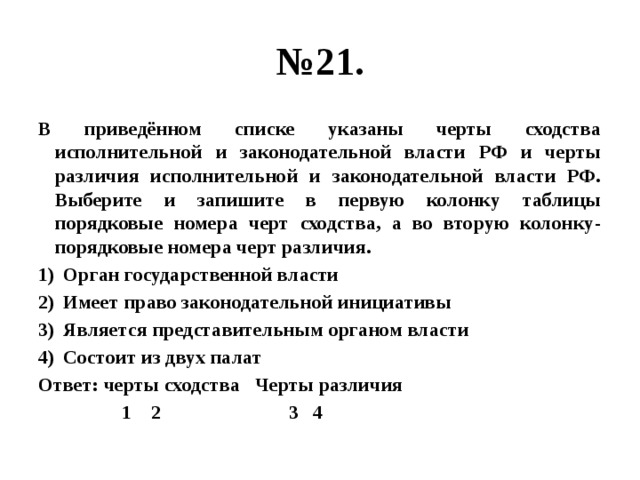 № 21. В приведённом списке указаны черты сходства исполнительной и законодательной власти РФ и черты различия исполнительной и законодательной власти РФ. Выберите и запишите в первую колонку таблицы порядковые номера черт сходства, а во вторую колонку- порядковые номера черт различия. Орган государственной власти Имеет право законодательной инициативы Является представительным органом власти Состоит из двух палат Ответ: черты сходства Черты различия  1 2 3 4 