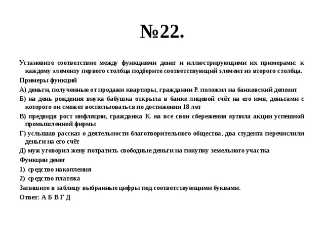 № 22. Установите соответствие между функциями денег и иллюстрирующими их примерами: к каждому элементу первого столбца подберите соответствующий элемент из второго столбца. Примеры функций А) деньги, полученные от продажи квартиры, гражданин Р. положил на банковский депозит Б) на день рождения внука бабушка открыла в банке лицевой счёт на его имя, деньгами с которого он сможет воспользоваться по достижении 18 лет В) предвидя рост инфляции, гражданка К. на все свои сбережения купила акции успешной промышленной фирмы Г) услышав рассказ о деятельности благотворительного общества, два студента перечислили деньги на его счёт Д) муж уговорил жену потратить свободные деньги на покупку земельного участка Функции денег средство накопления средство платежа Запишите в таблицу выбранные цифры под соответствующими буквами. Ответ: А Б В Г Д 