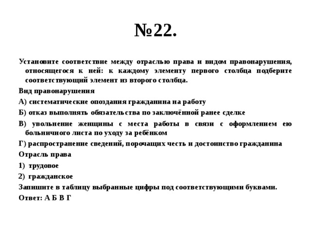 № 22. Установите соответствие между отраслью права и видом правонарушения, относящегося к ней: к каждому элементу первого столбца подберите соответствующий элемент из второго столбца. Вид правонарушения А) систематические опоздания гражданина на работу Б) отказ выполнять обязательства по заключённой ранее сделке В) увольнение женщины с места работы в связи с оформлением ею больничного листа по уходу за ребёнком Г) распространение сведений, порочащих честь и достоинство гражданина Отрасль права трудовое гражданское Запишите в таблицу выбранные цифры под соответствующими буквами. Ответ: А Б В Г 