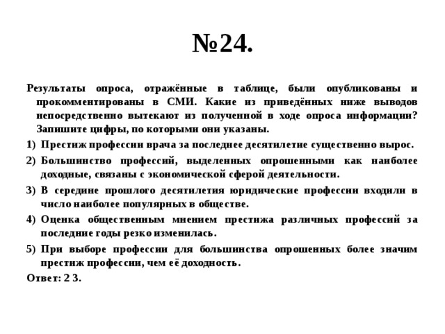 № 24. Результаты опроса, отражённые в таблице, были опубликованы и прокомментированы в СМИ. Какие из приведённых ниже выводов непосредственно вытекают из полученной в ходе опроса информации? Запишите цифры, по которыми они указаны. Престиж профессии врача за последнее десятилетие существенно вырос. Большинство профессий, выделенных опрошенными как наиболее доходные, связаны с экономической сферой деятельности. В середине прошлого десятилетия юридические профессии входили в число наиболее популярных в обществе. Оценка общественным мнением престижа различных профессий за последние годы резко изменилась. При выборе профессии для большинства опрошенных более значим престиж профессии, чем её доходность. Ответ: 2 3. 