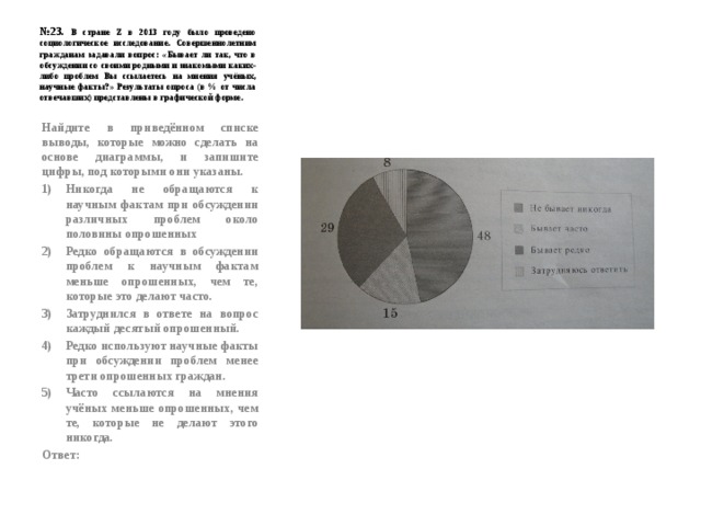 № 23 . В стране Z в 2013 году было проведено социологическое исследование. Совершеннолетним гражданам задавали вопрос: «Бывает ли так, что в обсуждении со своими родными и знакомыми каких-либо проблем Вы ссылаетесь на мнения учёных, научные факты?» Результаты опроса (в % от числа отвечавших) представлены в графической форме. Найдите в приведённом списке выводы, которые можно сделать на основе диаграммы, и запишите цифры, под которыми они указаны. Никогда не обращаются к научным фактам при обсуждении различных проблем около половины опрошенных Редко обращаются в обсуждении проблем к научным фактам меньше опрошенных, чем те, которые это делают часто. Затруднился в ответе на вопрос каждый десятый опрошенный. Редко используют научные факты при обсуждении проблем менее трети опрошенных граждан. Часто ссылаются на мнения учёных меньше опрошенных, чем те, которые не делают этого никогда. Ответ: 