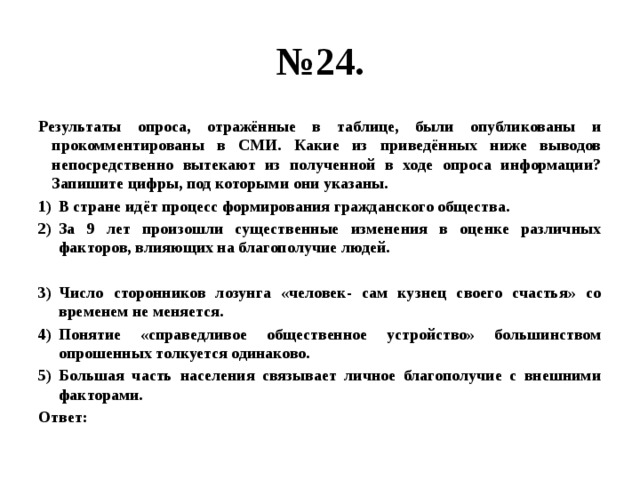 № 24. Результаты опроса, отражённые в таблице, были опубликованы и прокомментированы в СМИ. Какие из приведённых ниже выводов непосредственно вытекают из полученной в ходе опроса информации? Запишите цифры, под которыми они указаны. В стране идёт процесс формирования гражданского общества. За 9 лет произошли существенные изменения в оценке различных факторов, влияющих на благополучие людей.  Число сторонников лозунга «человек- сам кузнец своего счастья» со временем не меняется. Понятие «справедливое общественное устройство» большинством опрошенных толкуется одинаково. Большая часть населения связывает личное благополучие с внешними факторами. Ответ: 