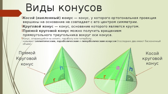Виды конусов Косой  ( наклонный ) конус  — конус, у которого ортогональная проекция вершины на основание не совпадает с его центром симметрии. Круговой конус  — конус, основание которого является кругом. Прямой круговой конус  можно получить вращением прямоугольного треугольника вокруг оси конуса. Конус, опирающийся на эллипс, параболу или гиперболу, называют  эллиптическим ,  параболическим   и   гиперболическим конусом  (последние два имеют бесконечный объём). Прямой Круговой конус Косой круговой конус  