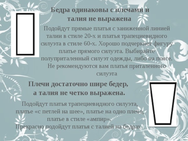 Бедра одинаковы с плечами и талия не выражена Подойдут прямые платья с заниженной линией талии в стиле 20-х и платья трапециевидного силуэта в стиле 60-х. Хорошо подчеркнет фигуру платье прямого силуэта. Выбирайте полуприталенный силуэт одежды, либо на поясе. Не рекомендуются вам платья приталенного силуэта Плечи достаточно шире бедер, а талия не четко выражена. Подойдут платья трапециевидного силуэта, платье «с петлей на шее», платье на одно плечо, платье в стиле «ампир». Прекрасно подойдут платья с талией на бедрах .