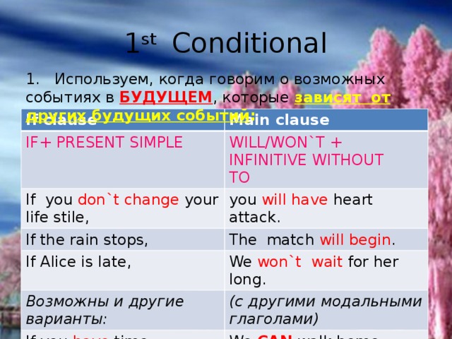 1 st Conditional 1. Используем, когда говорим о возможных событиях в БУДУЩЕМ , которые зависят от других будущих событий : If clause Main clause IF+ PRESENT SIMPLE WILL/WON`T + INFINITIVE WITHOUT TO If you don`t change your life stile, you will have heart attack. If the rain stops, The match will begin . If Alice is late, We won`t wait for her long. Возможны и другие варианты: (с другими модальными глаголами) If you have time, We CAN walk home today. 