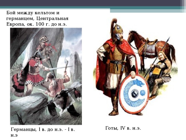 Бой между кельтом и германцем, Центральная Европа, ок. 100 г. до н.э. Готы, IV в. н.э. Германцы, I в. до н.э. - I в. н.э 
