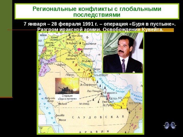 Региональные конфликты с глобальными последствиями 7 января – 28 февраля 1991 г. – операция «Буря в пустыне». Разгром иракской армии. Освобождение Кувейта.  